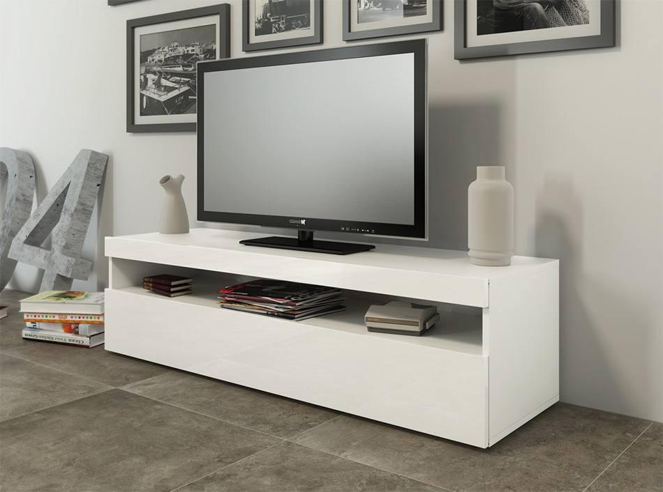 Modern Small White TV Unit Stand Cabinet with Shelves Media Entertainment Unit 