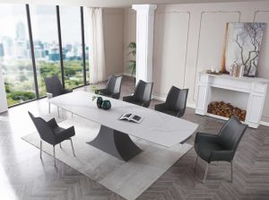 9437 Dining Table with 1218 swivel dark grey chair1