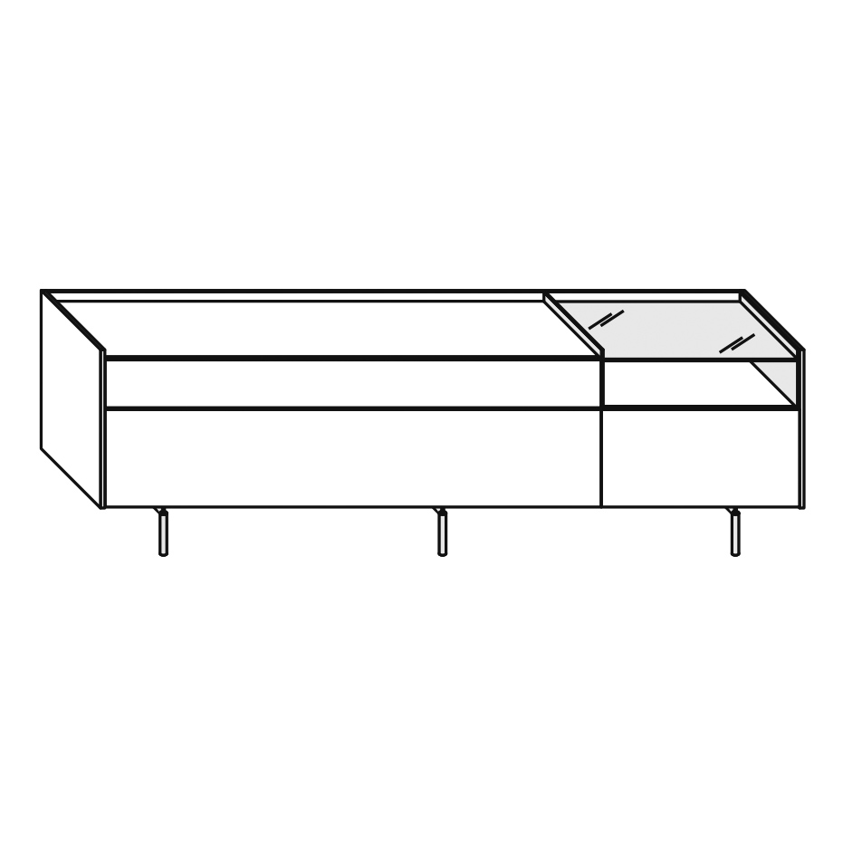 LF and RF, 1 drawer, 1 extra-large drawer, 1 large drawer and 1 glass bench glass