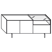 LF and RF, 2 doors with 2 transparent glass shelves 1 large drawer and 1 transparent glass bench