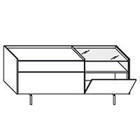 LF and RF, 1 drawer, 1 extra-large drawer, 1 flap door and 1 transparent glass bench